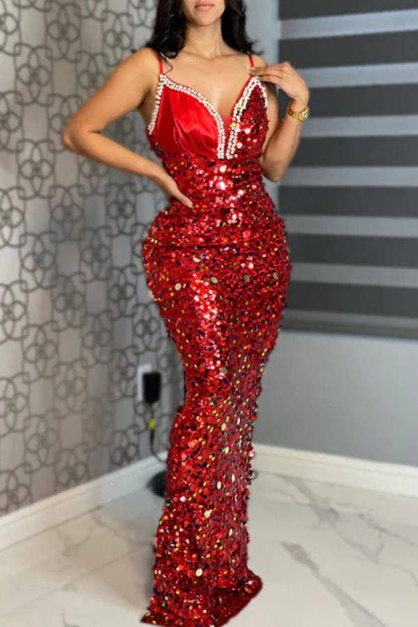 Red Sequins Pearls Decor Sleeveless Spaghetti Strap Formal Evening Party Maxi Slip Dresses