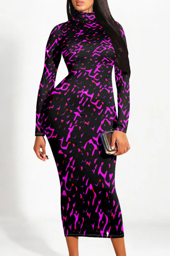 Purple Casual Geometric Print Gradient Half A Turtleneck Long Sleeve Bodycon Maxi Dresses