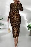Sky Blue Casual Graphics Long Sleeve Print O Neck Wrapped Skirt Bodycon Midi Dresses