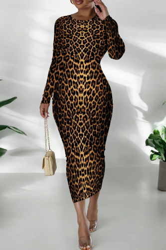 Gold Casual Graphics Long Sleeve Print O Neck Wrapped Skirt Bodycon Midi Dresses