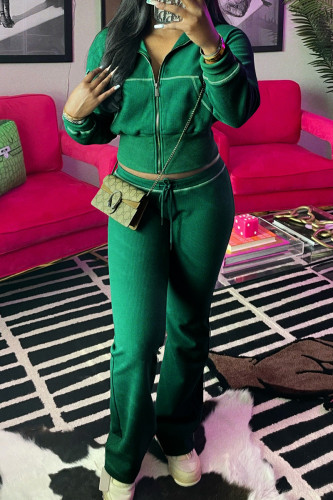 Dark Green Casual Draw String Zipper Collar Long Sleeve Crop Jackets And Sweatpants Sportwear Two Pieces Jogger Sets