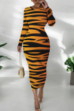 Sky Blue Casual Graphics Long Sleeve Print O Neck Wrapped Skirt Bodycon Midi Dresses
