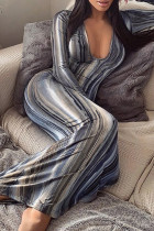 Grey Casual Graphics Print Long Sleeve Deep V Neck Long Bodycon Maxi Dresses