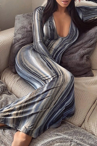 Grey Casual Graphics Print Long Sleeve Deep V Neck Long Bodycon Maxi Dresses