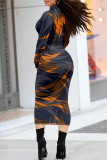 Purple Casual Geometric Print Gradient Half A Turtleneck Long Sleeve Bodycon Maxi Dresses