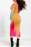 Purple Casual Geometric Print Gradient Half A Turtleneck Long Sleeve Bodycon Maxi Dresses