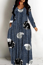 Deep Blue Casual Graphcis Print V Neck Long Sleeve Long Loose Maxi Dresses