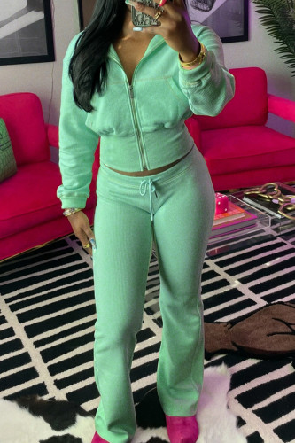 Light Green Casual Draw String Zipper Collar Long Sleeve Crop Jackets And Sweatpants Sportwear Two Pieces Jogger Sets