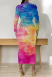 Multicolor Casual Tie Dye Print O Neck Long Sleeve Wrapped Skirt Bodycon Midi Dresses