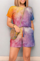 Orange Purple Casual Tie Dye Print k O Neck Short Sleeve Draw String Pocket Vacation Loose T Shirt Romper