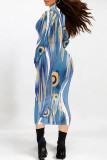 Purple Casual Geometric Print Gradient Half A Turtleneck Long Sleeve Bodycon Maxi Dresses