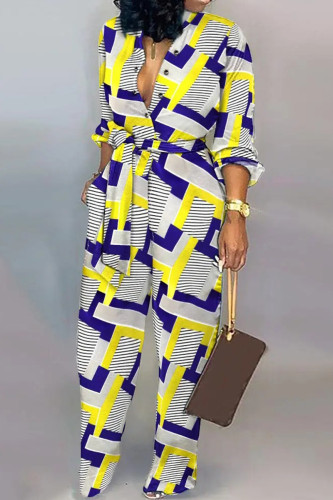 Yellow Casual Stripe Print Buckle Strap Design Turndown Collar Long Sleeve Vacation Jumpsuits