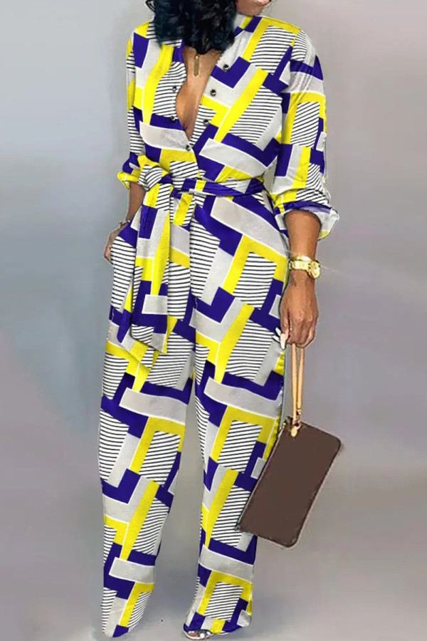 Yellow Casual Stripe Print Buckle Strap Design Turndown Collar Long Sleeve Vacation Jumpsuits