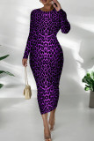 Sky Blue Casual Graphics Long Sleeve Print O Neck Wrapped Skirt Bodycon Midi Dresses