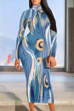 Purple Casual Geometric Print Gradient Half A Turtleneck Long Sleeve Bodycon Maxi Dresses