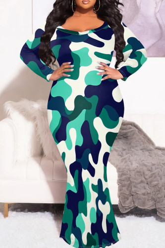 Turquoise Casual Camouflage Print O Neck Long Sleeve Mermaid Hem Long Plus Size Evening Party Bodycon Maxi Dress