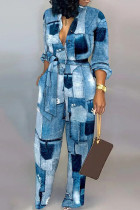 Blue Casual Stripe Print Buckle Strap Design Turndown Collar Long Sleeve Vacation Jumpsuits
