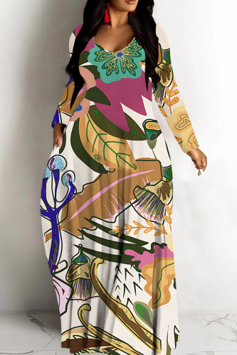 Light Yellow Casual Graphcis Print V Neck Long Sleeve Long Loose Maxi Dresses