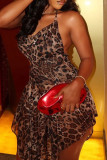 Leopard Print Sleeveless Backless Irregular Hem Night Club Halter Mini Dresses