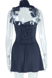 Black Sleeveless Backless Asymmetrical Collar Ruffle Trim Formal Evening Party A Line Pleated Mini Dresses