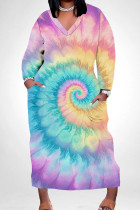 Yellow And Blue Casual Tie Dye Print V Neck Long Sleeve Pocket Casual Street Loose Straight Plus Size Maxi Dress