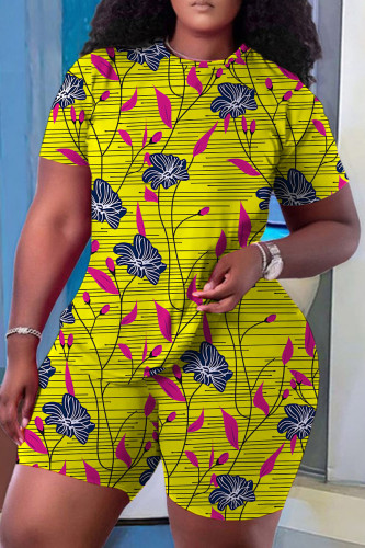 Yellow Casual Floral Print O Neck Short Sleeve Oversize T-shirt And Shorts Two Pieces Shorts Sets