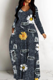 Navy Casual Graphcis Print V Neck Long Sleeve Long Loose Maxi Dresses