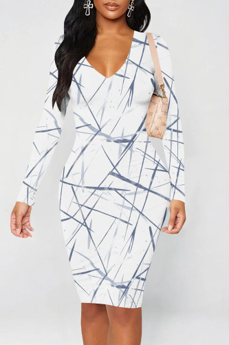 White Casual Graphics Print V Neck Long Sleeve Wrapped Skirt Bodycon Midi Dresses