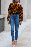 Leopard Print Casual Leopard Print Buttons Oblique Collar Long Sleeve Blouse