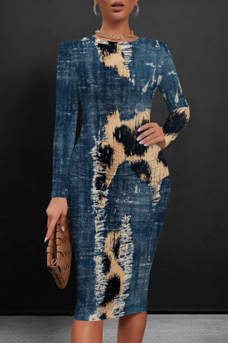 Dark Blue Casual Graphcis Print O Neck Long Sleeve Wrapped Skirt Bodycon Midi Dresses