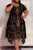 Brown Casual National Totem Geometric Print Crewneck Short Sleeve Asymmetrical Hem Casual Plus Size T Shirt Dress