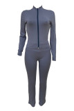 Blue Long Sleeve Zipper Closure Top and Slim Fit Pant Sportswear Athleisure Gym Pant Set