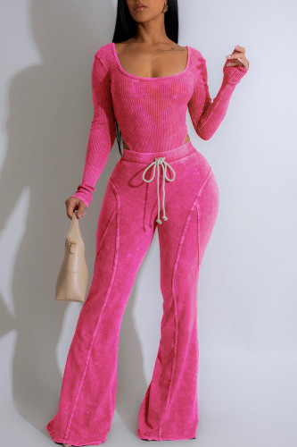 Rose Red Casual U Neck Long Sleeve Draw String Blouse And Flare Leg Pants Two Pieces Trouser Sets