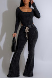 Black Casual U Neck Long Sleeve Draw String Blouse And Flare Leg Pants Two Pieces Trouser Sets