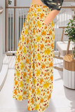 Brown Casual Leopard Flowers Stripe Print Pocket Loose High Waist Wide Leg Pants