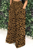 Brown Casual Leopard Flowers Stripe Print Pocket Loose High Waist Wide Leg Pants