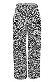 Brown Casual Leopard Flowers Stripe Print Pocket Loose High Waist Wide Leg Pants