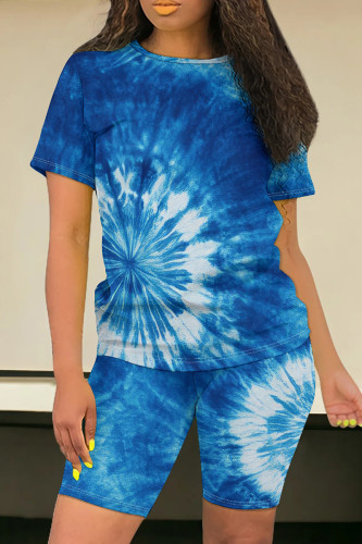 Blue Casual Tie Dye Print O Neck Short Sleeve Oversize T-shirt And Shorts Two Pieces Shorts Sets