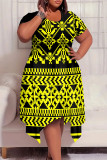 Brown Casual National Totem Geometric Print Crewneck Short Sleeve Asymmetrical Hem Casual Plus Size T Shirt Dress