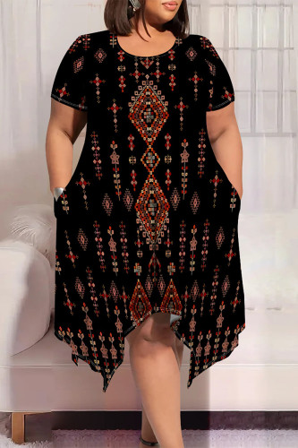 Black Red Casual National Totem Geometric Print Crewneck Short Sleeve Asymmetrical Hem Casual Plus Size T Shirt Dress
