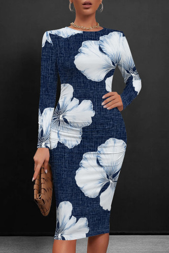 Dark Blue White Casual Graphcis Print O Neck Long Sleeve Wrapped Skirt Bodycon Midi Dresses