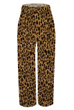 Brown Casual Leopard Flowers Stripe Print Pocket Loose High Waist Wide Leg Pants