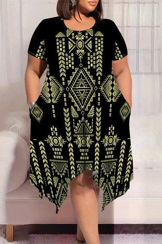 Gold Casual National Totem Geometric Print Crewneck Short Sleeve Asymmetrical Hem Casual Plus Size T Shirt Dress