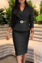 Black Long Sleeve Turndown Collar With Belt Wrapped Skirt Formal Office Lady Bodycon Midi Dresses