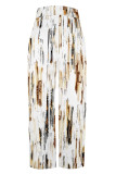 Brown Casual Leopard Flowers Stripe Print Pocket Loose High Waist Wide Leg Pants