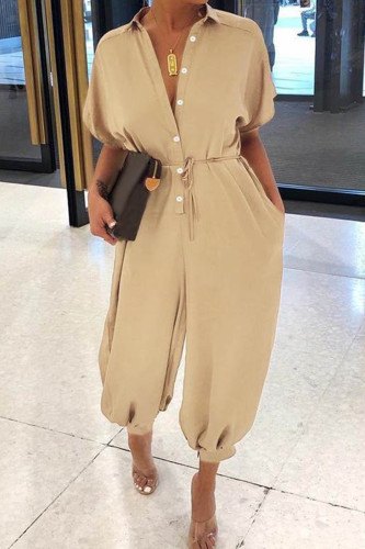 Khaki Casual Leopard Print Turndown Collar Short Sleeve Pocket Buckle Loose Vacation Harem Leg Jumpsuits