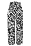 Brown Casual Leopard Flowers Stripe Print Pocket Loose High Waist Wide Leg Pants
