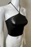Black Sleeveless Strap Design Leather Halter Crop Tops