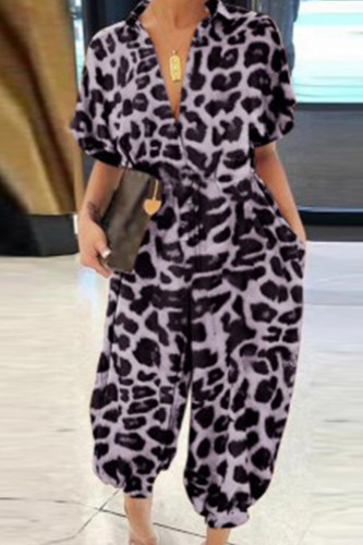 Purple Casual Leopard Print Turndown Collar Short Sleeve Pocket Buckle Loose Vacation Harem Leg Jumpsuits