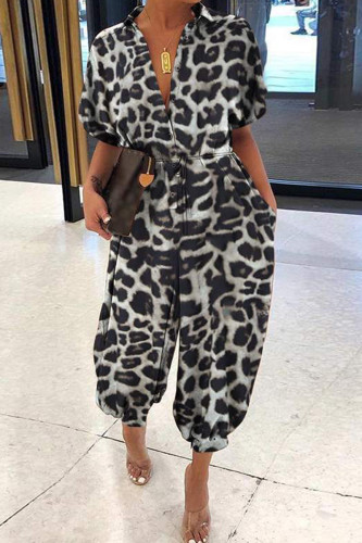 Leopard Print Casual Leopard Print Turndown Collar Short Sleeve Pocket Buckle Loose Vacation Harem Leg Jumpsuits